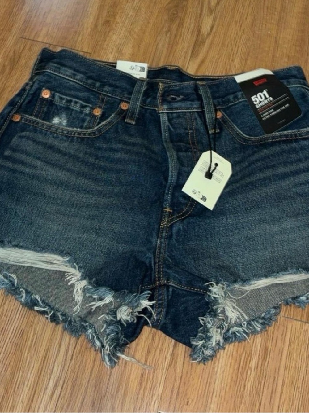Levi's 501 Dark Wash Blue Distressed Jean Shorts